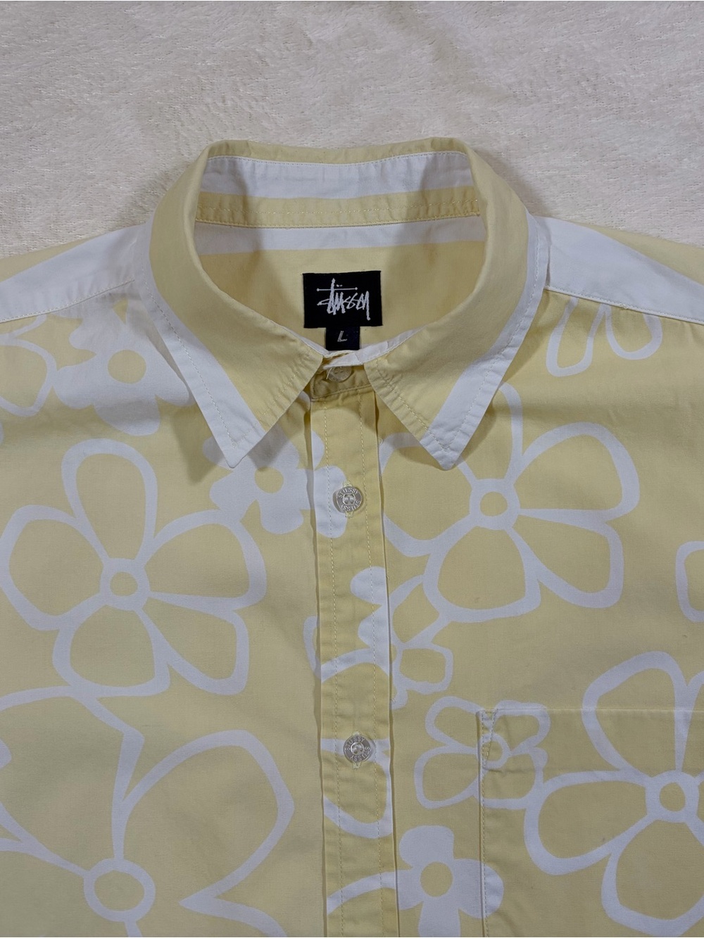 Vintage NOS Stussy “Back Flip” Yellow White Floral Striped Cotton Button-Up Sz L